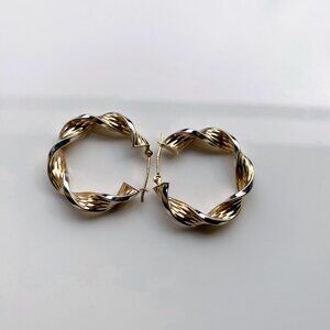 14k Solid Yellow and White Gold Hoops with a Twist Vintage Real Gold Jewelry